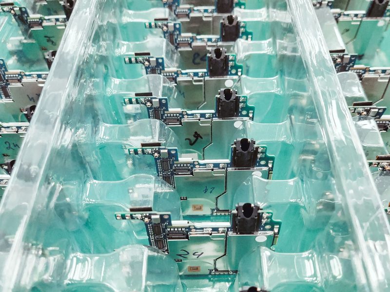 Overhead view of green printed circuit boards travelling along an enclosed electronics assembly line for component placement