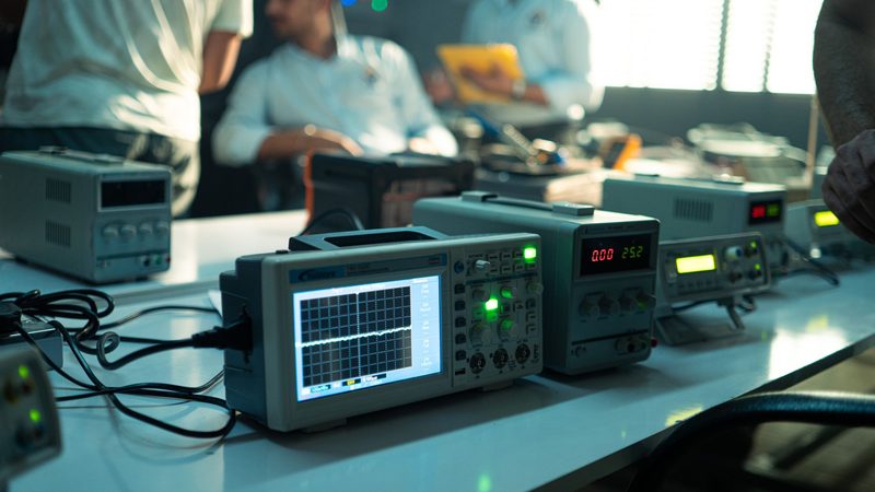 Benchtop oscilloscope and power supplies set up on an electronics laboratory bench, with engineers working in the background